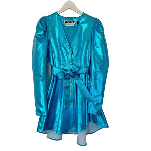 Rotate Birger Christensen Emma Belted Mini Cocktail Dress Club Metallic Blue US2 - Picture 2 of 16